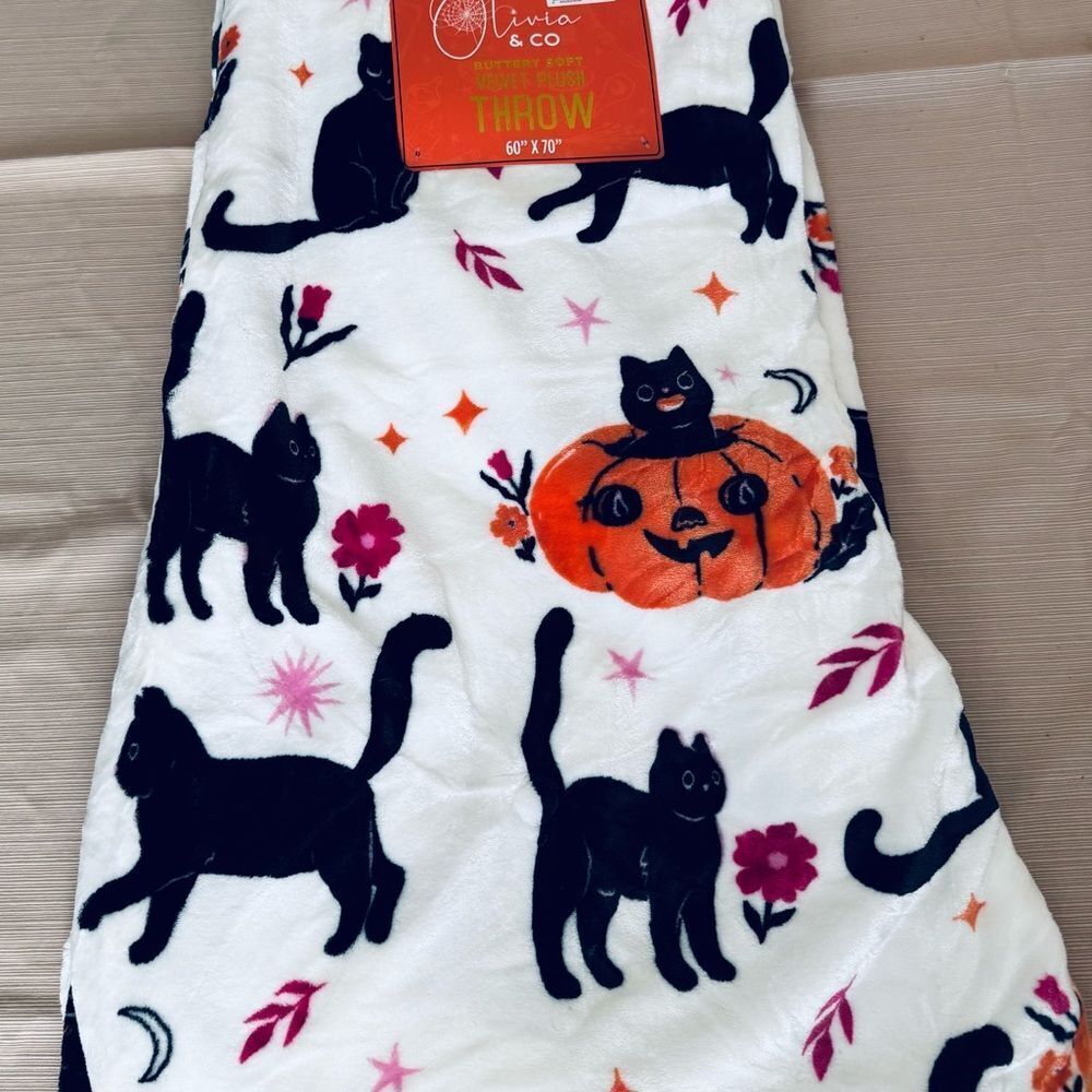 Mystical Enchanted Black Cat Halloween Fall Plush Throw Blanket